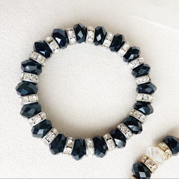 2 Stretch Bracelets Rhinestone Black Crystal Gold - Picture 3 of 5